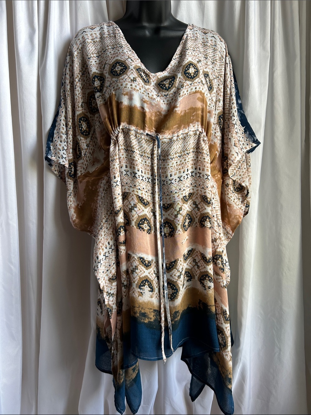 Boho Swimsuit Coverup Printed Handkerchief Hem in Beige, Rust & Navy